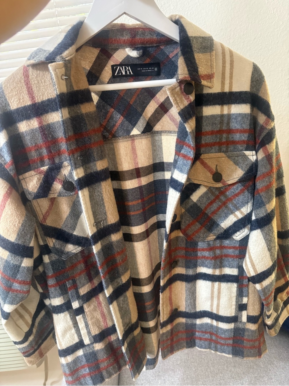 Zara Plaid Shirt Jacket in Cream, Blue & Rust